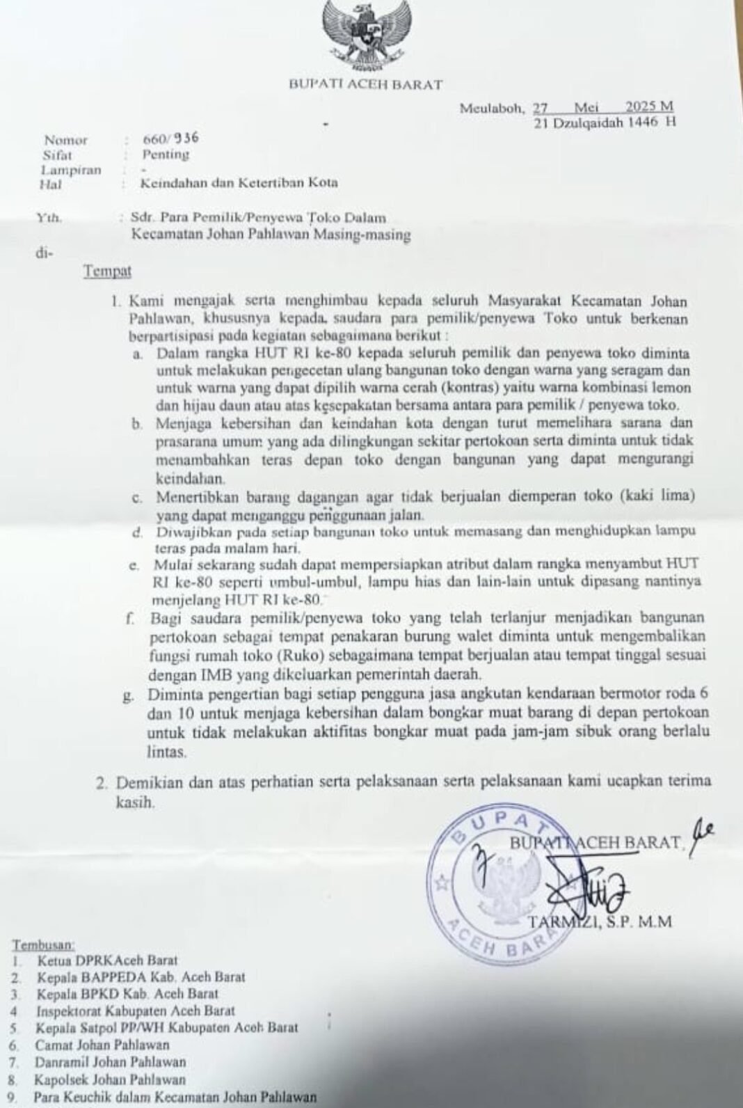 Pemkab Aceh Barat Himbau Warga Dan Pemilik Toko Di Johan Pahlawan Berpartisipasi Di HUT RI ke 80 Pemkab Aceh Barat Himbau Warga Dan Pemilik Toko Di Johan Pahlawan Berpartisipasi Di HUT RI ke 80