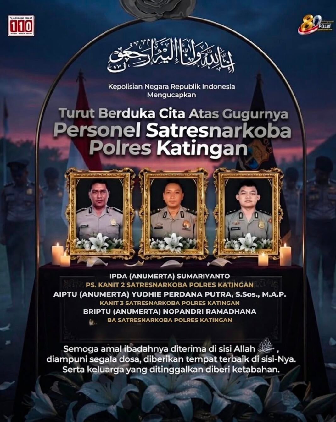 Tiga PersonelPolriGugurSaatBertugasUngkapKasusNarkoba diKatingan,DianugerahiKenaikanPangkatLuarBiasaAnumerta* Tiga PersonelPolriGugurSaatBertugasUngkapKasusNarkoba diKatingan,DianugerahiKenaikanPangkatLuarBiasaAnumerta*