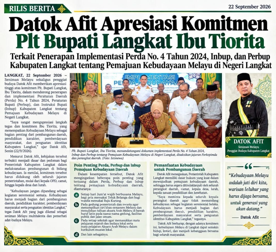 DATOK AFIT APRESIASI KOMITMEN PLT BUPATI LANGKAT IBU TIORITA Terkait Implementasi Perda No. 4 Tahun DATOK AFIT APRESIASI KOMITMEN PLT BUPATI LANGKAT IBU TIORITA Terkait Implementasi Perda No. 4 Tahun